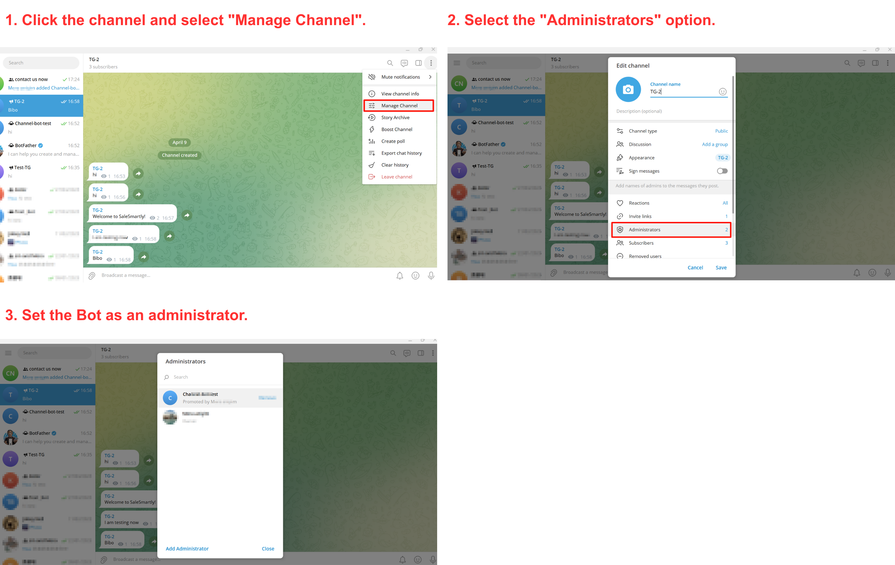 Telegram Desktop channel setup: open Manage Channel, select Administrators, and set the Bot as an administrator.