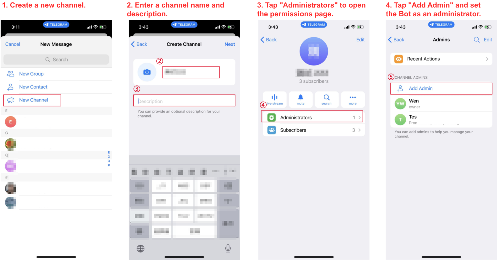 Telegram mobile channel setup: create a channel, open the Administrators section, add the Bot as an administrator, and configure permissions.