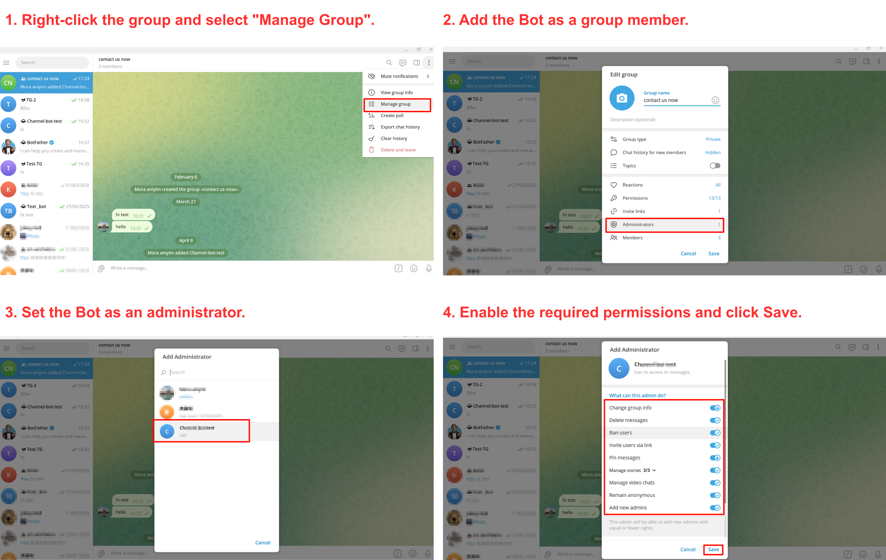 Telegram Desktop setup: open Manage Group, add the Bot as a group member, set it as an administrator, and enable all required permissions.