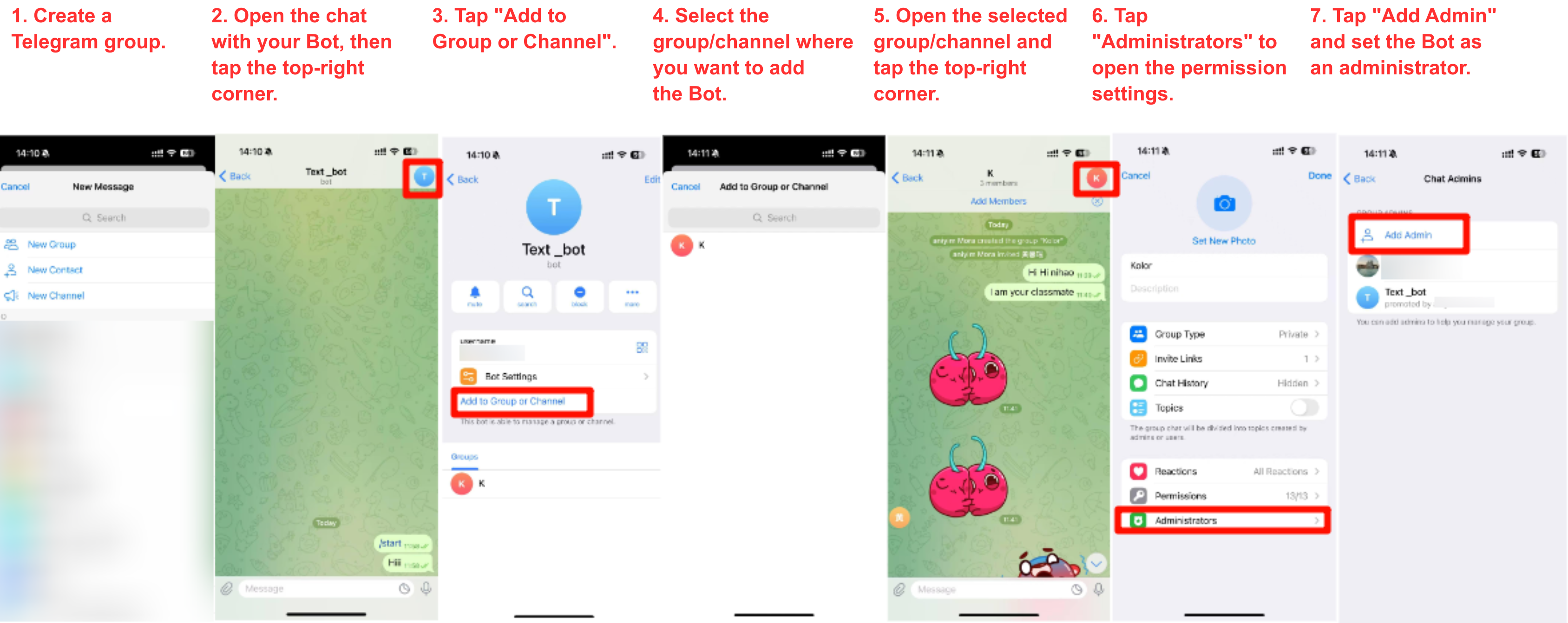 Telegram mobile setup: create a group, open the group details page, set the Bot as a group administrator, and enable permissions.