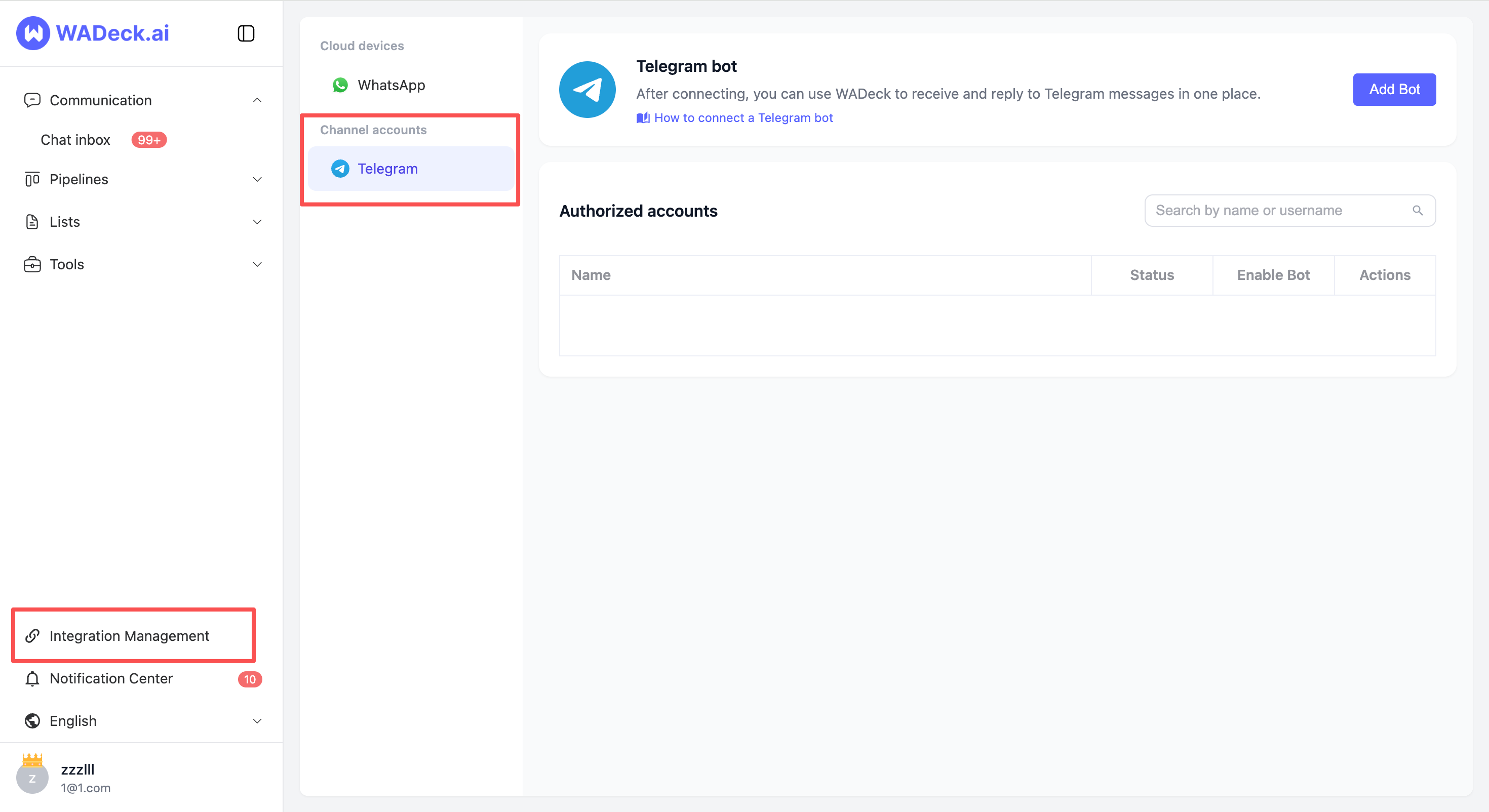 Open the integrations page in WADeck.