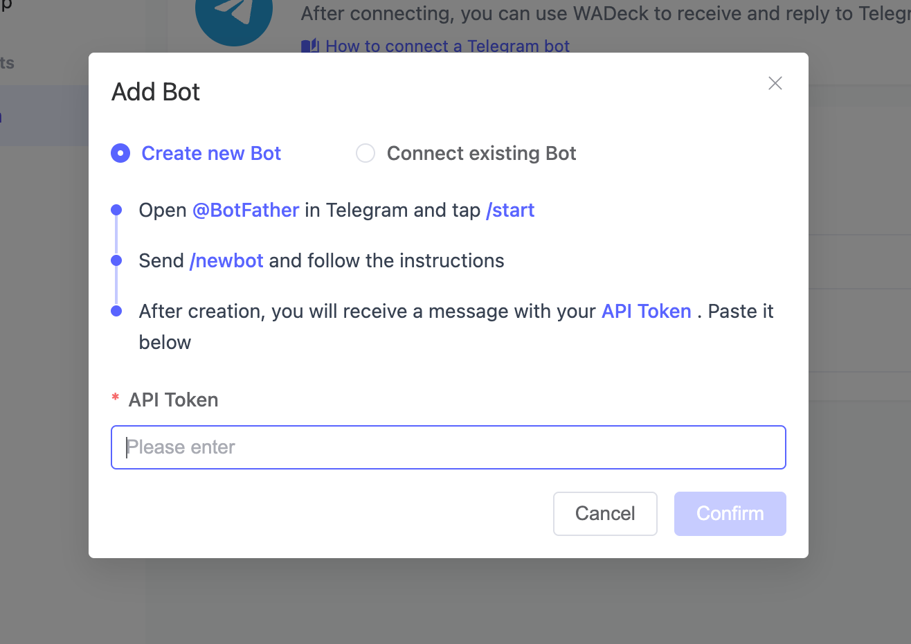 Choose how to connect your Telegram Bot in WADeck.