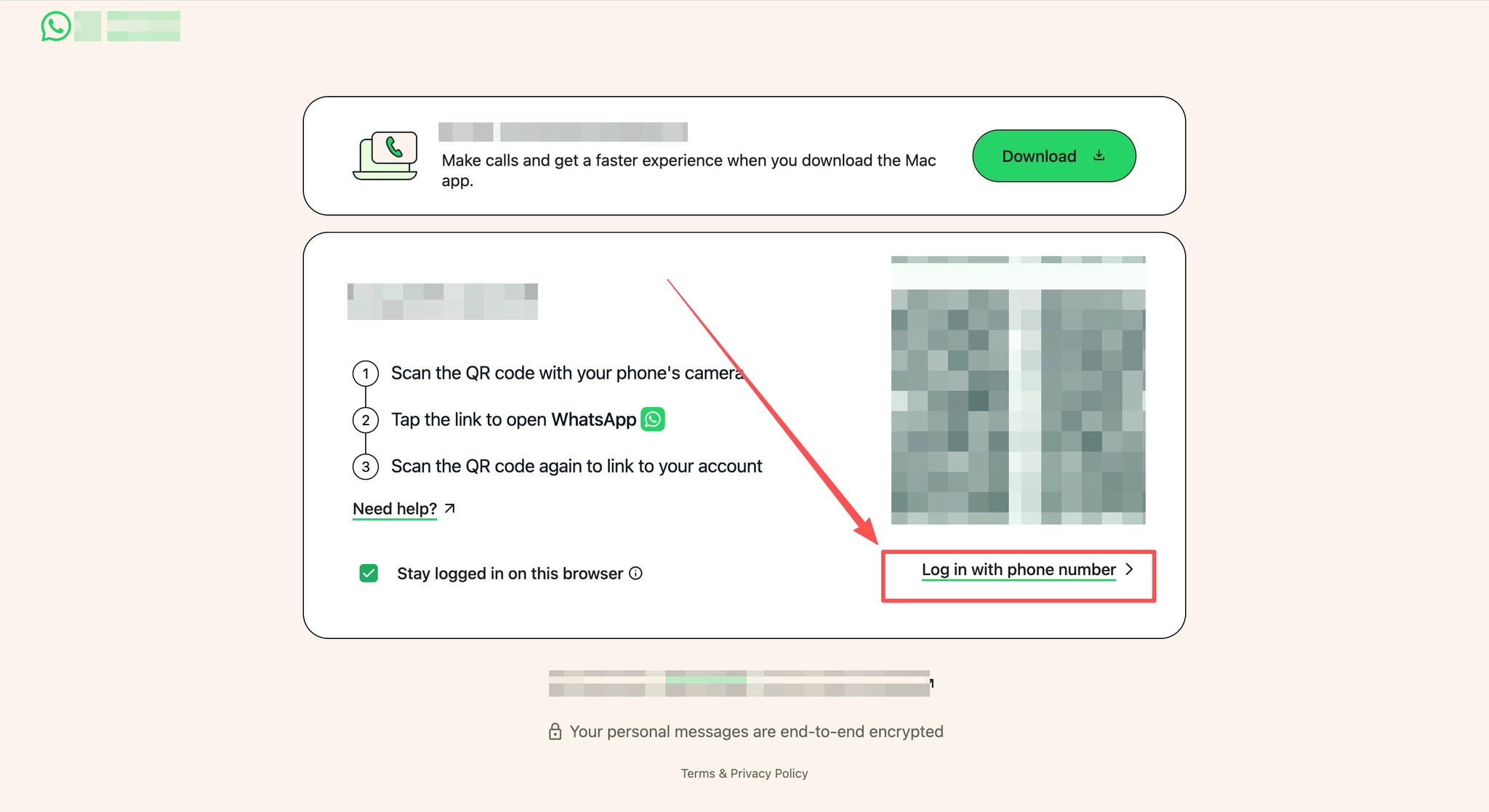 Figure 2: On the web login page, click "Log in with phone number".