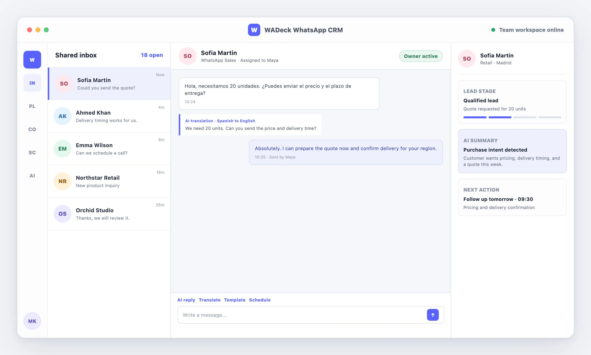 WADeck WhatsApp CRM shared inbox and lead pipeline